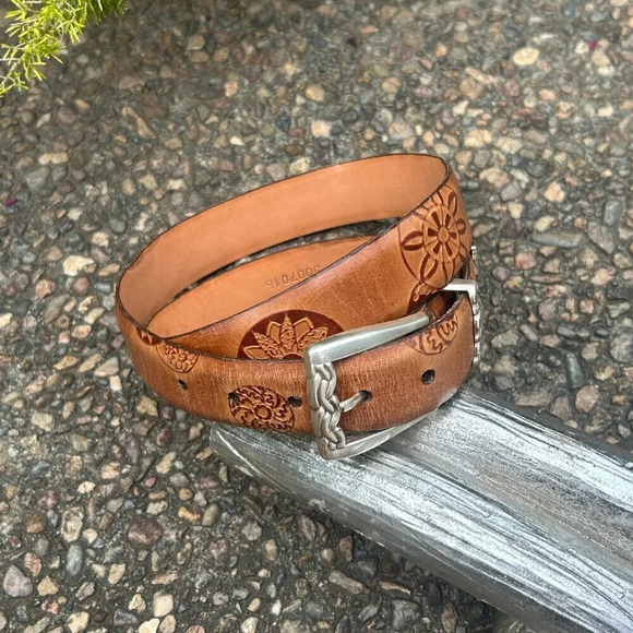 Martin Dingman Hand Tooled 100% Leather Made in USA Belt Silvertone Buckle - Picture 6 of 8